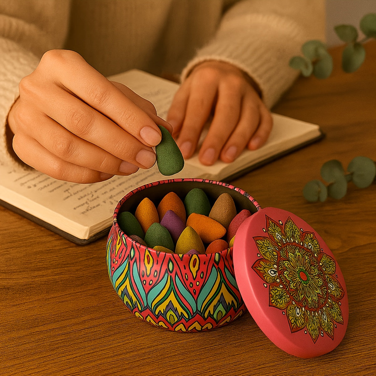 QICAI XIAOLU Cone de Luxo Artesanal - 5 Aromas (Rosa, Lavanda, Jasmim, Oud/Agarwood, Artemísia) em Recipiente de Mármore, Varinha de Purificação à Base de Plantas para Yoga, Meditação, Auxílio ao Sono, Presente Relaxante para Homens