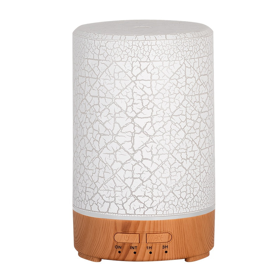 1peça Humidificador de tecnologia de onda de som 150ml com design rachado, pequena máquina de aromaterapia, luz ajustável de 7 cores, luz noturna branca, grão de madeira claro, grão de madeira escuro, humidificador de ar, alimentado por USB, temporizador, difusor de óleo essencial, controlo de botão, silencioso, uso doméstico, humidificador de ar de névoa fria para sala de estar, escritório, yoga, spa, loja, hotel, presente