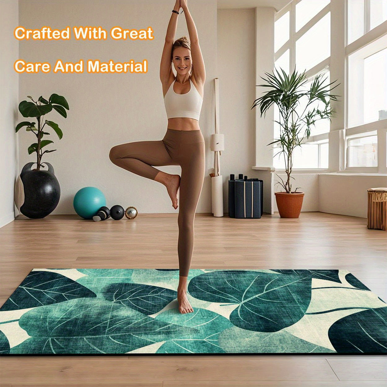 Tapete de Yoga Antiderrapante com Padrão de Folhas Verdes - Tapete Natural para Fitness, Pilates, Dança e Atividades ao Ar Livre, Superfície Espessa e Antideslizante