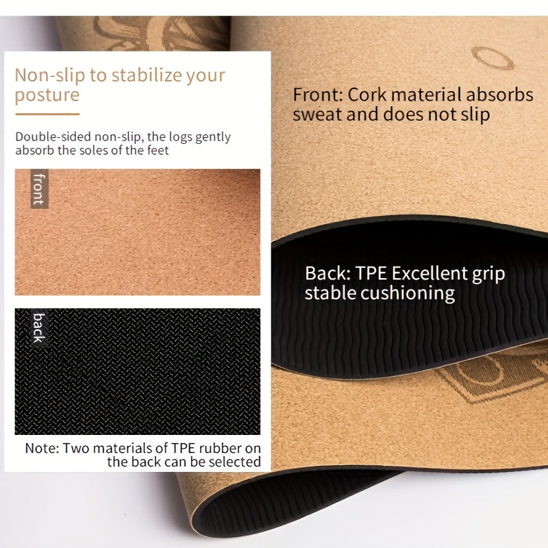 Tapete de Yoga de Cortiça Premium 182,88 x 60,96 cm Cortiça Natural Resistente ao Suor Design de Dupla Camada Antiderrapante TPE com Alças e Bolsa de Yoga - Adequado para Homens e Mulheres Perfeito para Yoga, Pilates, Exercícios de Fitness