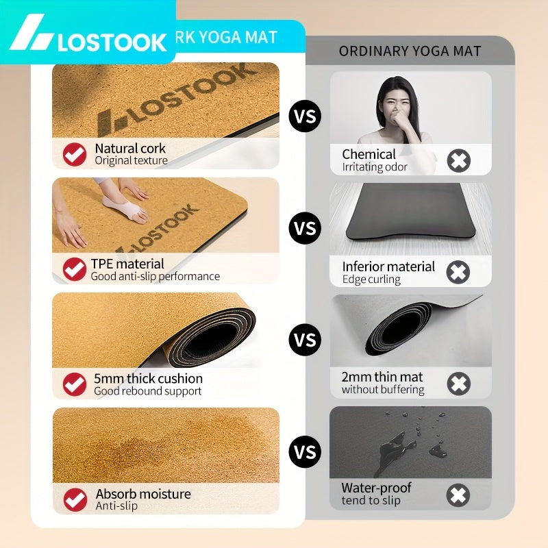 Tapete de Yoga em Cortiça Natural - Tapete de Fitness TPE Antiderrapante com Design Floral, Castanho Escuro, Perfeito para Yoga, Pilates e Exercícios no Chão, Tapete de Yoga Extra Grosso, Acessório de Pilates, Equipamento de Exercício Elegante, Superfície de Treino Durável