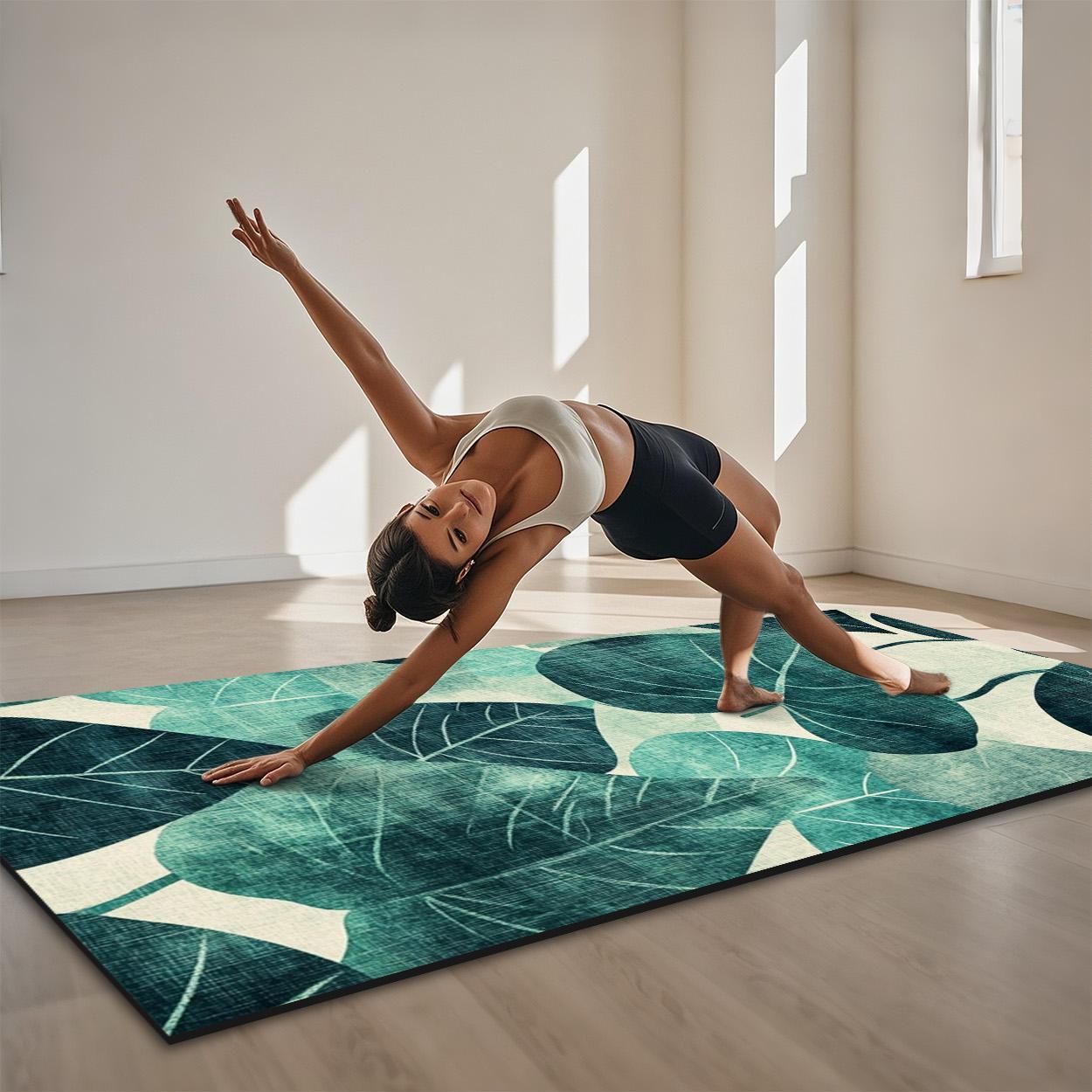 Tapete de Yoga Antiderrapante com Padrão de Folhas Verdes - Tapete Natural para Fitness, Pilates, Dança e Atividades ao Ar Livre, Superfície Espessa e Antideslizante