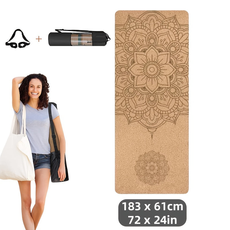 Tapete de Yoga de Cortiça Premium 182,88 x 60,96 cm Cortiça Natural Resistente ao Suor Design de Dupla Camada Antiderrapante TPE com Alças e Bolsa de Yoga - Adequado para Homens e Mulheres Perfeito para Yoga, Pilates, Exercícios de Fitness