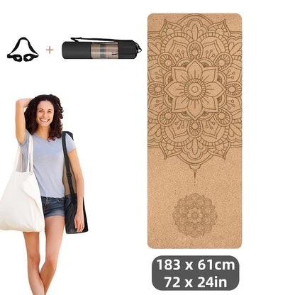 Tapete de Yoga de Cortiça Premium 182,88 x 60,96 cm Cortiça Natural Resistente ao Suor Design de Dupla Camada Antiderrapante TPE com Alças e Bolsa de Yoga - Adequado para Homens e Mulheres Perfeito para Yoga, Pilates, Exercícios de Fitness
