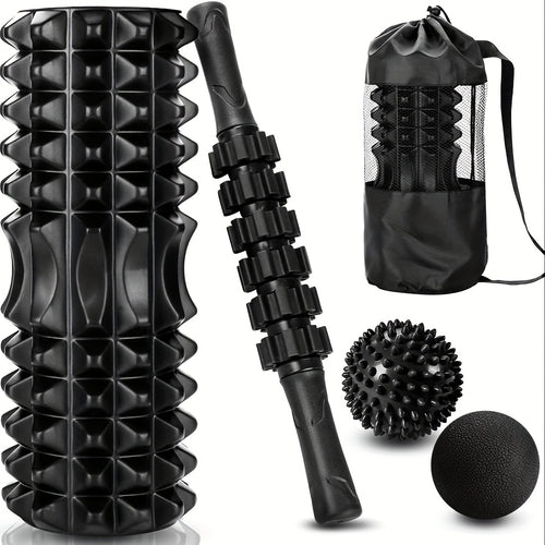 Kit de Rolo de Espuma 4 em 1 Preto com 2 Bolas de Massagem e Bastão de Massagem para Fitness, Yoga e Pilates - Kit Completo para Relaxamento Profundo