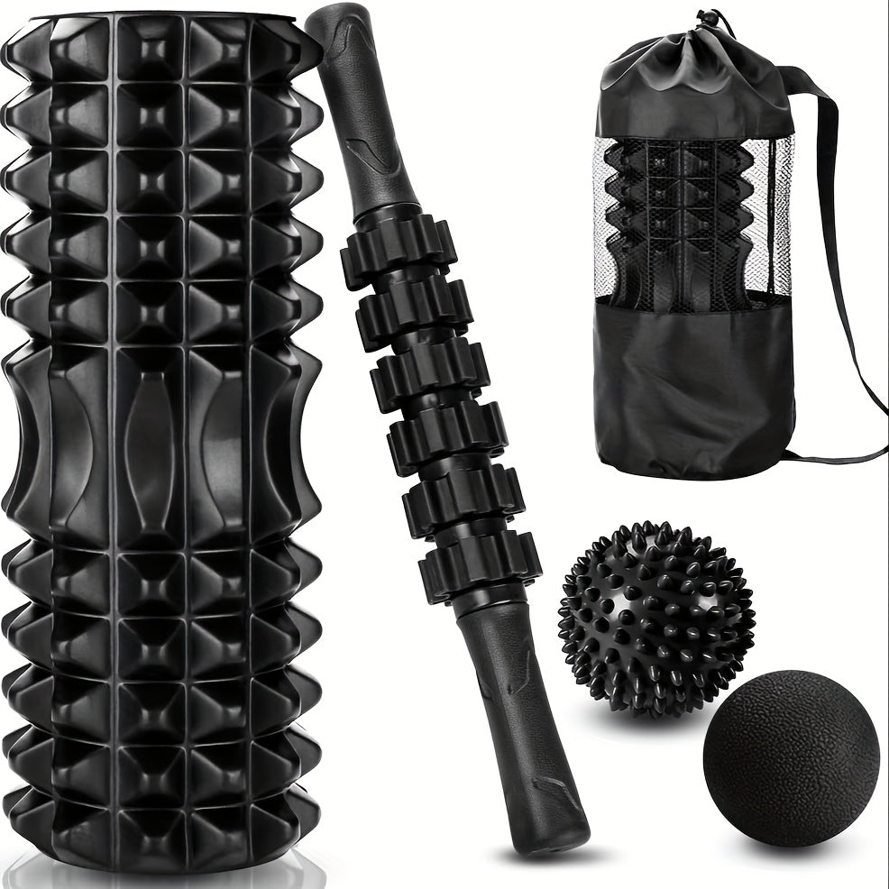 Kit de Rolo de Espuma 4 em 1 Preto com 2 Bolas de Massagem e Bastão de Massagem para Fitness, Yoga e Pilates - Kit Completo para Relaxamento Profundo