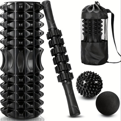 Kit de Rolo de Espuma 4 em 1 Preto com 2 Bolas de Massagem e Bastão de Massagem para Fitness, Yoga e Pilates - Kit Completo para Relaxamento Profundo