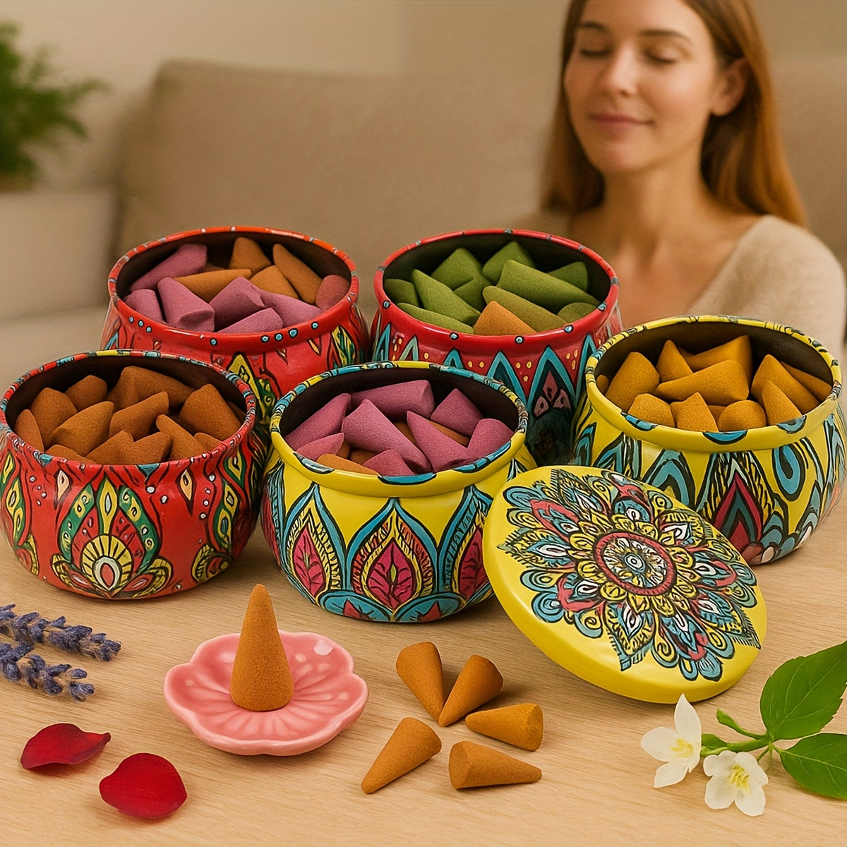 QICAI XIAOLU Cone de Luxo Artesanal - 5 Aromas (Rosa, Lavanda, Jasmim, Oud/Agarwood, Artemísia) em Recipiente de Mármore, Varinha de Purificação à Base de Plantas para Yoga, Meditação, Auxílio ao Sono, Presente Relaxante para Homens