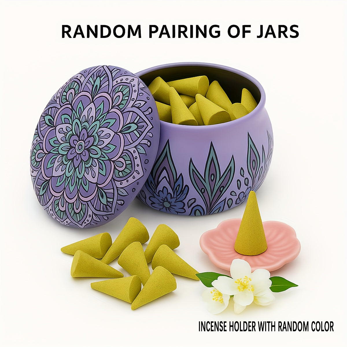 QICAI XIAOLU Cone de Luxo Artesanal - 5 Aromas (Rosa, Lavanda, Jasmim, Oud/Agarwood, Artemísia) em Recipiente de Mármore, Varinha de Purificação à Base de Plantas para Yoga, Meditação, Auxílio ao Sono, Presente Relaxante para Homens