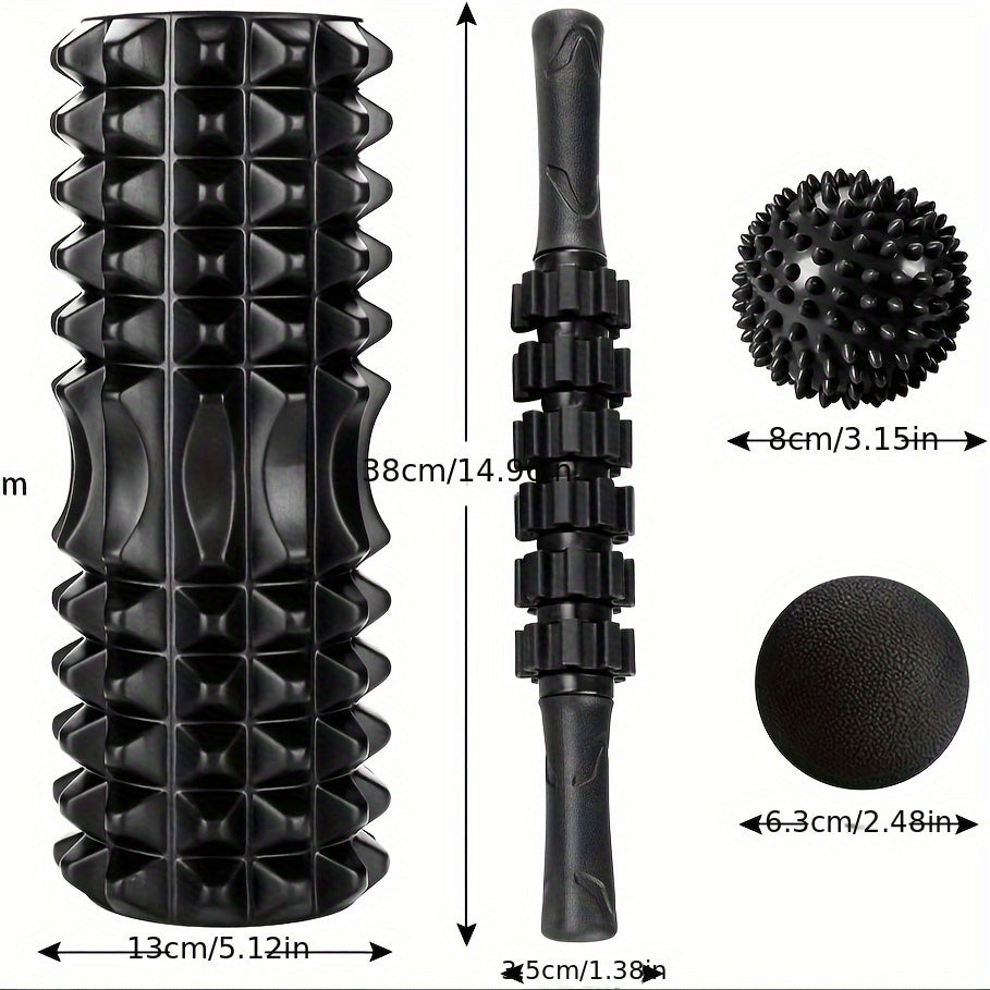 Kit de Rolo de Espuma 4 em 1 Preto com 2 Bolas de Massagem e Bastão de Massagem para Fitness, Yoga e Pilates - Kit Completo para Relaxamento Profundo