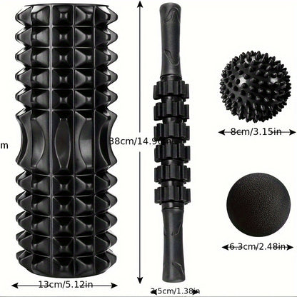 Kit de Rolo de Espuma 4 em 1 Preto com 2 Bolas de Massagem e Bastão de Massagem para Fitness, Yoga e Pilates - Kit Completo para Relaxamento Profundo