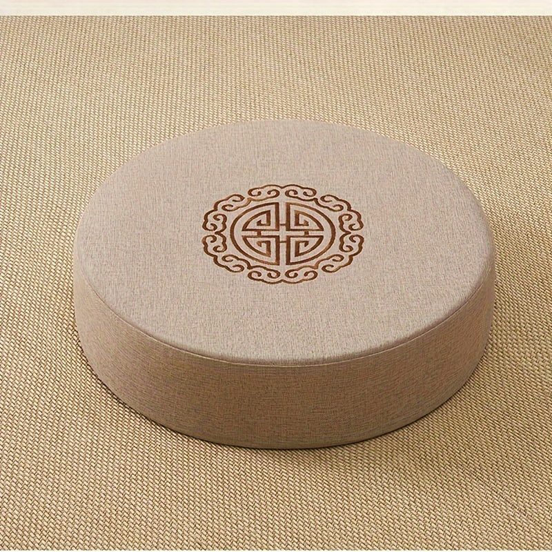 Almofada de meditação redonda com design confortável semelhante a um pufe de tatame, acolchoada com esponja e tecido tradicional tecido à mão.