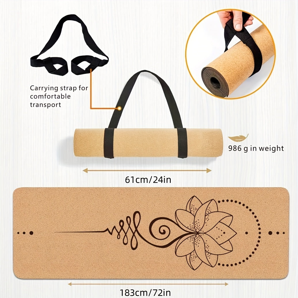 Tapete de Yoga de Cortiça Premium 182,88 x 60,96 cm Cortiça Natural Resistente ao Suor Design de Dupla Camada Antiderrapante TPE com Alças e Bolsa de Yoga - Adequado para Homens e Mulheres Perfeito para Yoga, Pilates, Exercícios de Fitness