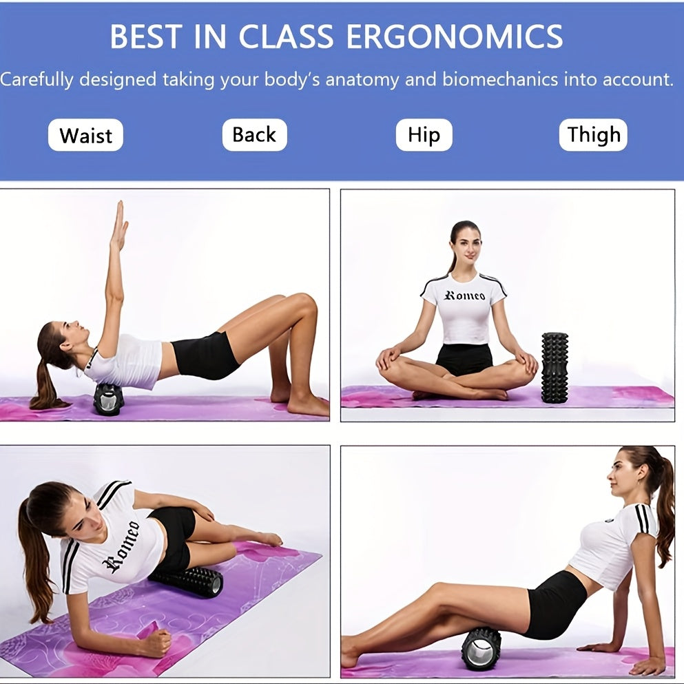 Kit de Rolo de Espuma 4 em 1 Preto com 2 Bolas de Massagem e Bastão de Massagem para Fitness, Yoga e Pilates - Kit Completo para Relaxamento Profundo