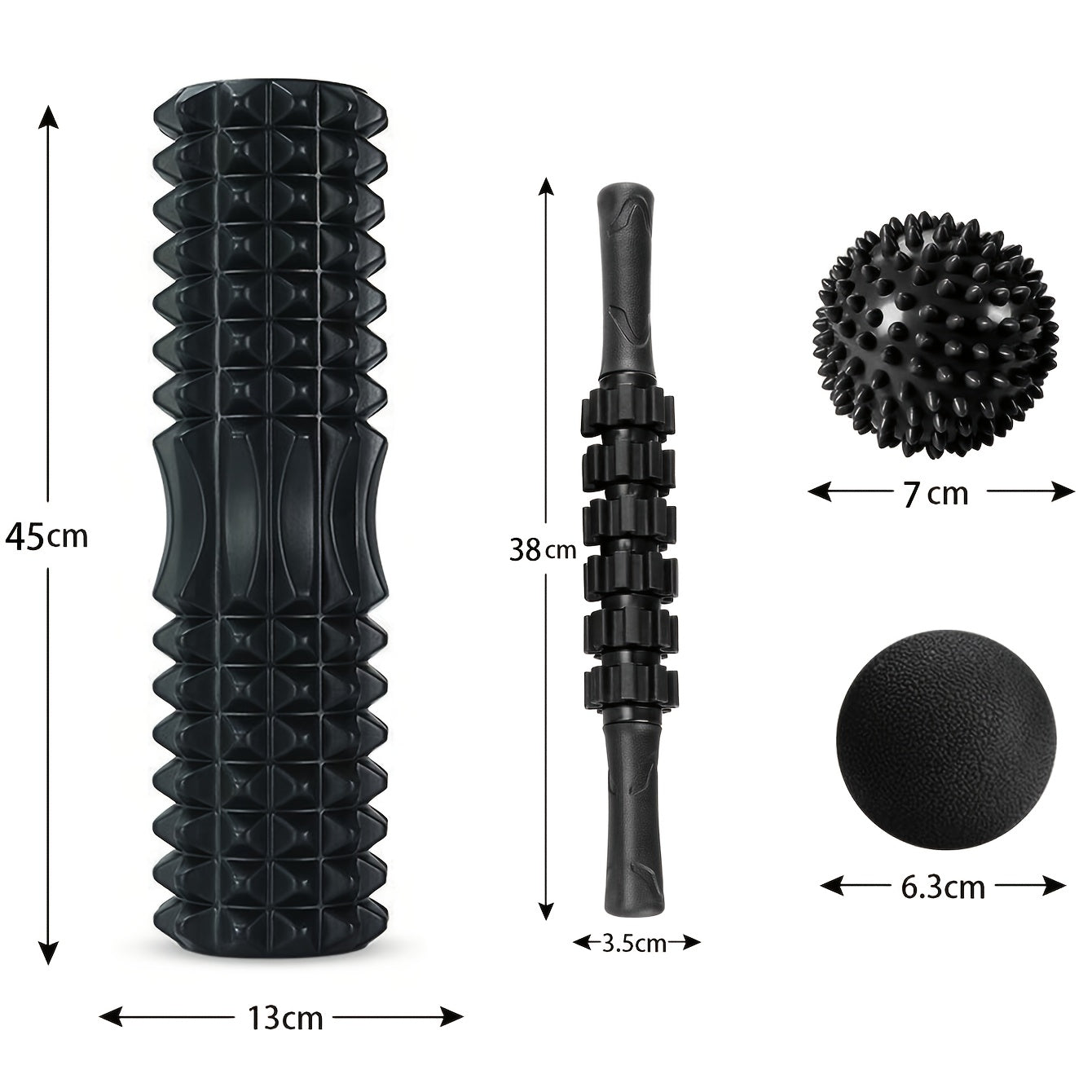 Kit de Rolo de Espuma 4 em 1 Preto com 2 Bolas de Massagem e Bastão de Massagem para Fitness, Yoga e Pilates - Kit Completo para Relaxamento Profundo