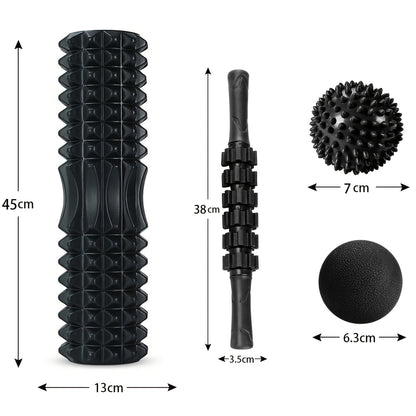 Kit de Rolo de Espuma 4 em 1 Preto com 2 Bolas de Massagem e Bastão de Massagem para Fitness, Yoga e Pilates - Kit Completo para Relaxamento Profundo