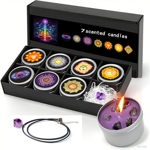 Conjunto de Presente de 7 Velas Perfumadas Coloridas com Pendente de Cristal Natural - 7 Tipos de Velas de Soja com Aromas, Yoga, Natal, Halloween, Presente para Casa para Mulheres e Homens, Ideal para o Natal, Perfeito para o Dia de Ação de Graças