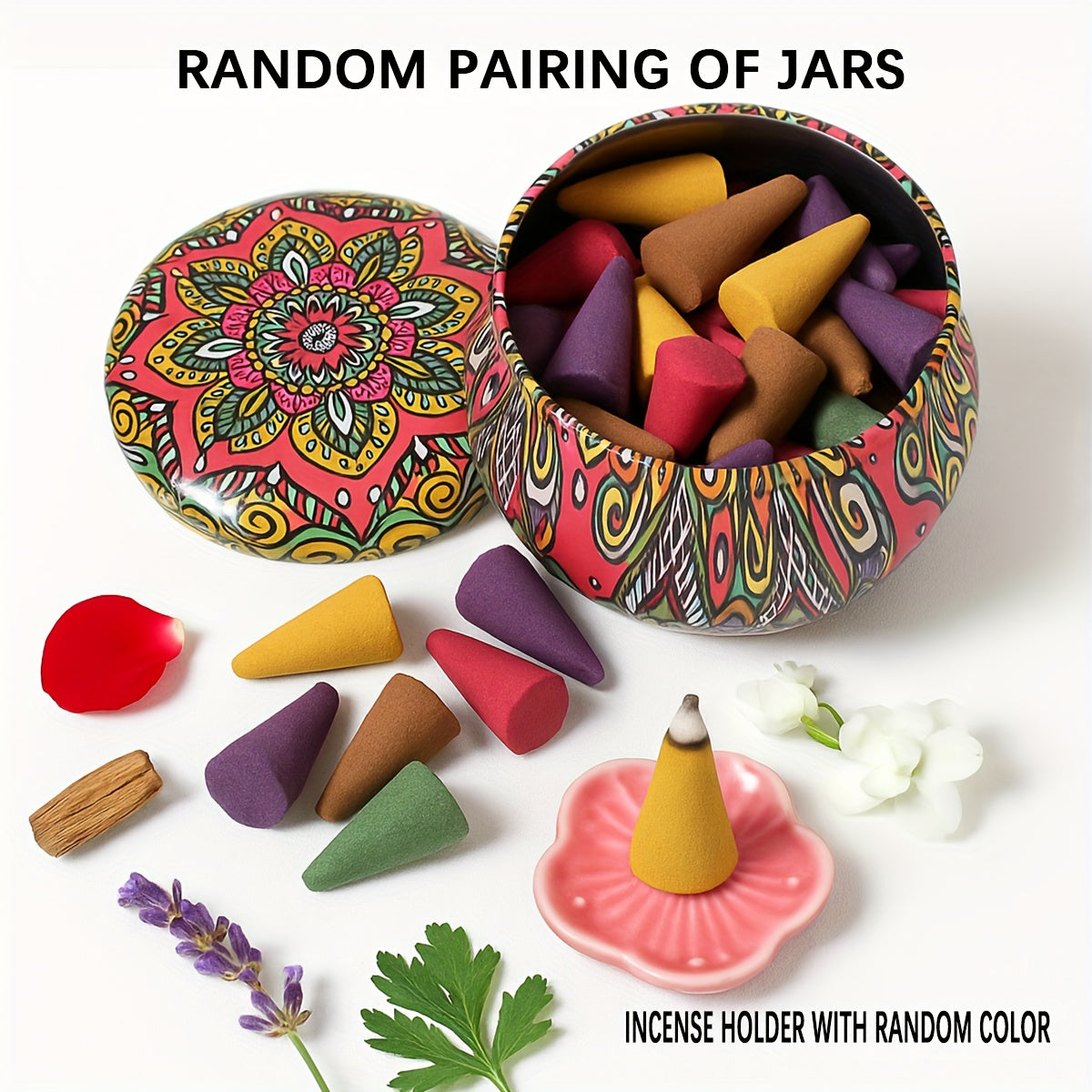 QICAI XIAOLU Cone de Luxo Artesanal - 5 Aromas (Rosa, Lavanda, Jasmim, Oud/Agarwood, Artemísia) em Recipiente de Mármore, Varinha de Purificação à Base de Plantas para Yoga, Meditação, Auxílio ao Sono, Presente Relaxante para Homens