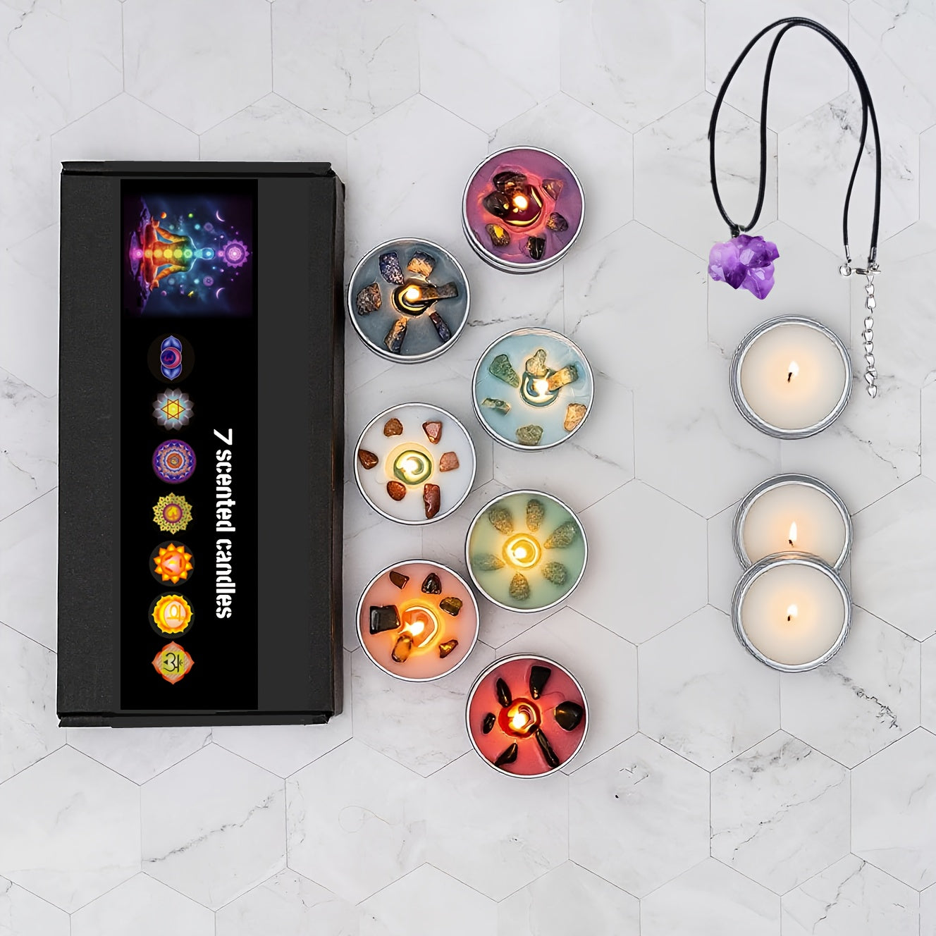 Conjunto de Presente de 7 Velas Perfumadas Coloridas com Pendente de Cristal Natural - 7 Tipos de Velas de Soja com Aromas, Yoga, Natal, Halloween, Presente para Casa para Mulheres e Homens, Ideal para o Natal, Perfeito para o Dia de Ação de Graças
