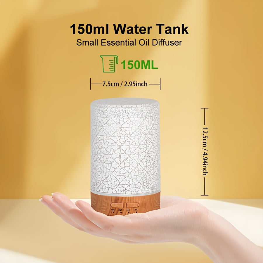 1peça Humidificador de tecnologia de onda de som 150ml com design rachado, pequena máquina de aromaterapia, luz ajustável de 7 cores, luz noturna branca, grão de madeira claro, grão de madeira escuro, humidificador de ar, alimentado por USB, temporizador, difusor de óleo essencial, controlo de botão, silencioso, uso doméstico, humidificador de ar de névoa fria para sala de estar, escritório, yoga, spa, loja, hotel, presente