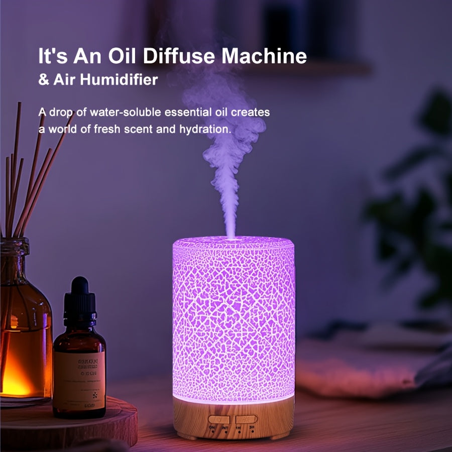 1peça Humidificador de tecnologia de onda de som 150ml com design rachado, pequena máquina de aromaterapia, luz ajustável de 7 cores, luz noturna branca, grão de madeira claro, grão de madeira escuro, humidificador de ar, alimentado por USB, temporizador, difusor de óleo essencial, controlo de botão, silencioso, uso doméstico, humidificador de ar de névoa fria para sala de estar, escritório, yoga, spa, loja, hotel, presente