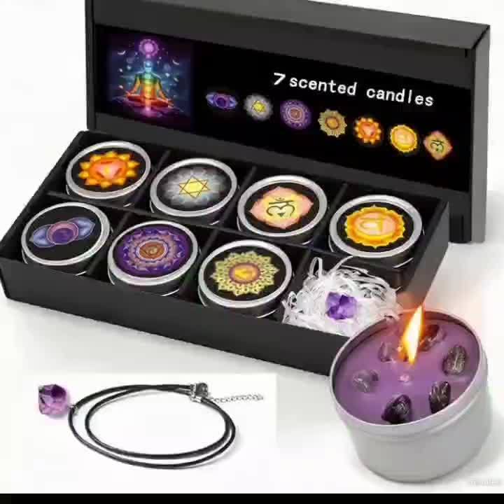 Conjunto de Presente de 7 Velas Perfumadas Coloridas com Pendente de Cristal Natural - 7 Tipos de Velas de Soja com Aromas, Yoga, Natal, Halloween, Presente para Casa para Mulheres e Homens, Ideal para o Natal, Perfeito para o Dia de Ação de Graças