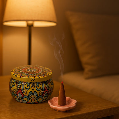 QICAI XIAOLU Cone de Luxo Artesanal - 5 Aromas (Rosa, Lavanda, Jasmim, Oud/Agarwood, Artemísia) em Recipiente de Mármore, Varinha de Purificação à Base de Plantas para Yoga, Meditação, Auxílio ao Sono, Presente Relaxante para Homens