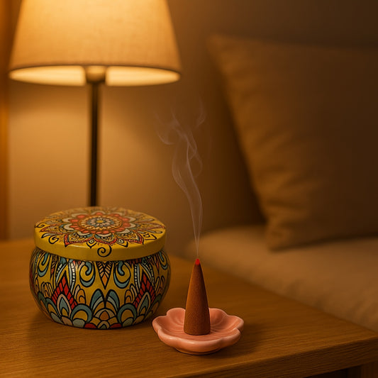 QICAI XIAOLU Cone de Luxo Artesanal - 5 Aromas (Rosa, Lavanda, Jasmim, Oud/Agarwood, Artemísia) em Recipiente de Mármore, Varinha de Purificação à Base de Plantas para Yoga, Meditação, Auxílio ao Sono, Presente Relaxante para Homens