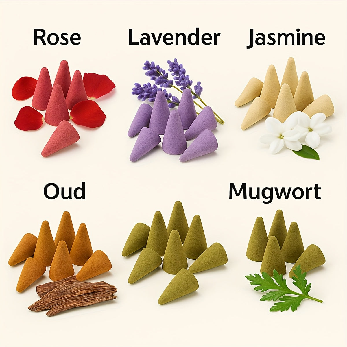 QICAI XIAOLU Cone de Luxo Artesanal - 5 Aromas (Rosa, Lavanda, Jasmim, Oud/Agarwood, Artemísia) em Recipiente de Mármore, Varinha de Purificação à Base de Plantas para Yoga, Meditação, Auxílio ao Sono, Presente Relaxante para Homens