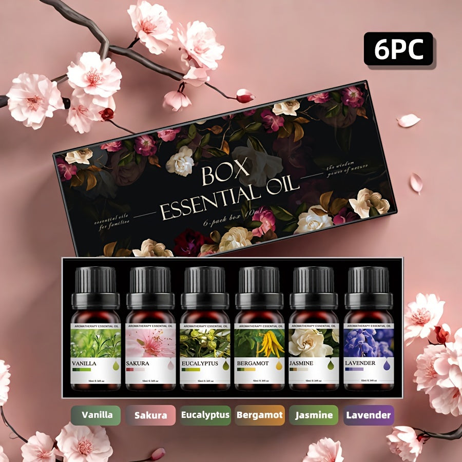 Conjunto de 6 Frascos de Óleos Essenciais | Cada 10ML, Inclui Difusor, Vela, Queimador, Pedra, Humidificador, Uso em Carro & Casa, Presente de Natal Perfeito