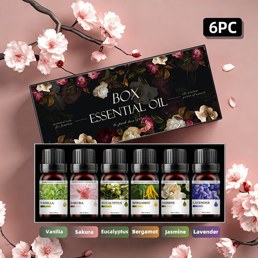 Conjunto de 6 Frascos de Óleos Essenciais | Cada 10ML, Inclui Difusor, Vela, Queimador, Pedra, Humidificador, Uso em Carro & Casa, Presente de Natal Perfeito