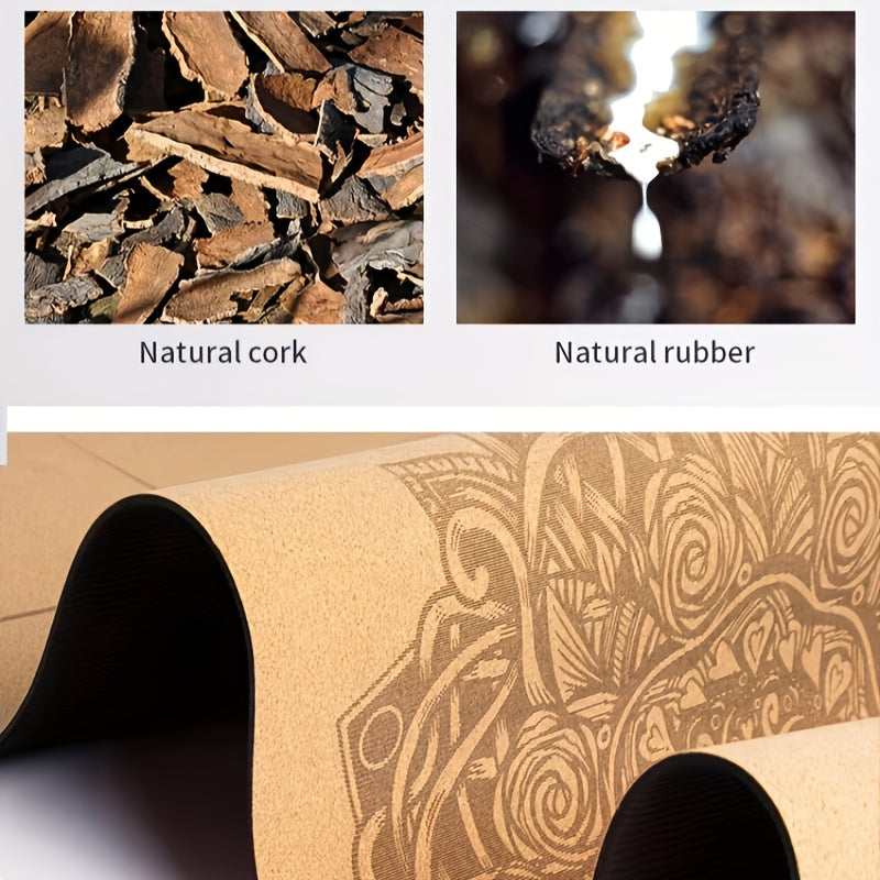 Tapete de Yoga de Cortiça Premium 182,88 x 60,96 cm Cortiça Natural Resistente ao Suor Design de Dupla Camada Antiderrapante TPE com Alças e Bolsa de Yoga - Adequado para Homens e Mulheres Perfeito para Yoga, Pilates, Exercícios de Fitness