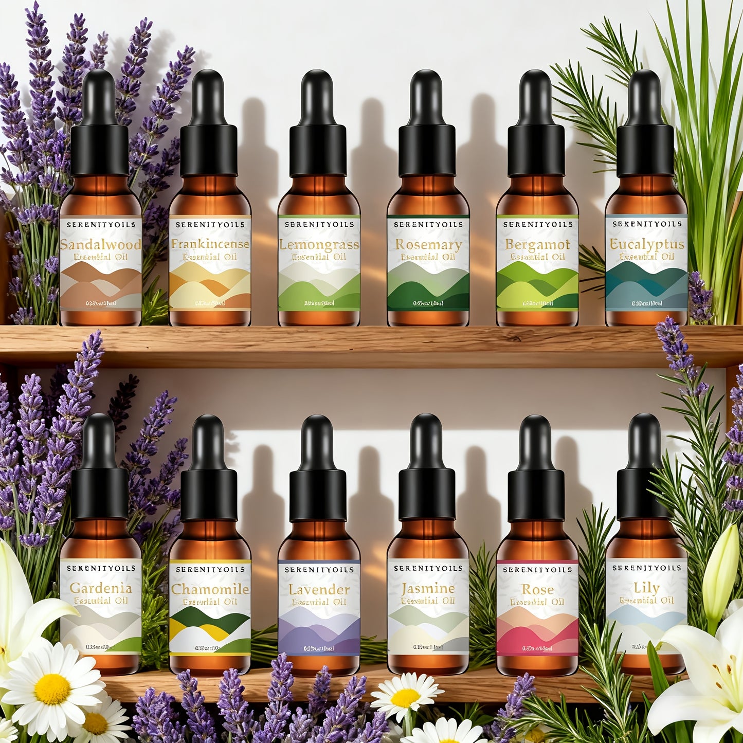 1 unidade, 12 Óleos Essenciais para Escolher (0.33oz Cada) – Perfeito para Yoga, Difusores e Purificadores de Ar: Lavanda, Rosa, Gardênia, Camomila, Lírio-do-Vale, Melissa, Eucalipto, Sálvia, Bergamota, Incenso, Sândalo