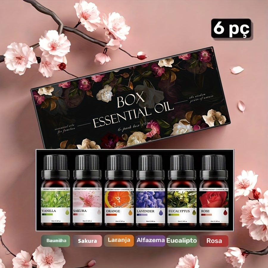 Conjunto de 6 Frascos de Óleos Essenciais | Cada 10ML, Inclui Difusor, Vela, Queimador, Pedra, Humidificador, Uso em Carro & Casa, Presente de Natal Perfeito